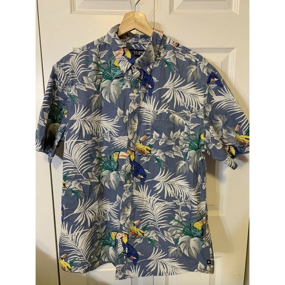 Chaps Mens Sz L Hawaiian camp shirt blue toucan cotton short sleeve‎ button up - Picture 5 of 5